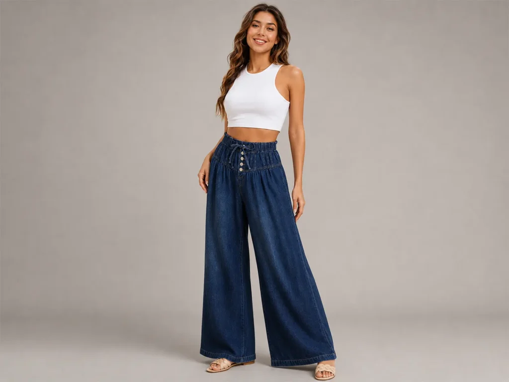 Women’s Tencel Drawstring Denim Culottes fit and fabric detail, style 58044