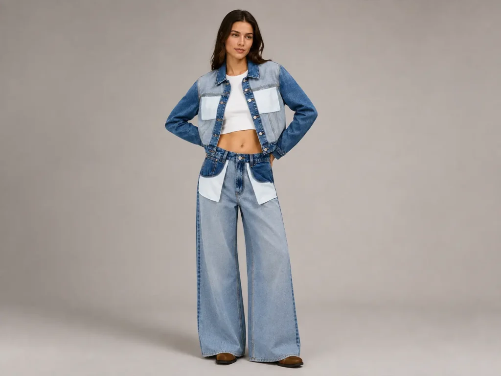 Women’s Two-Tone Patchwork Denim Jacket and Jeans Set fit and fabric detail, style 58057