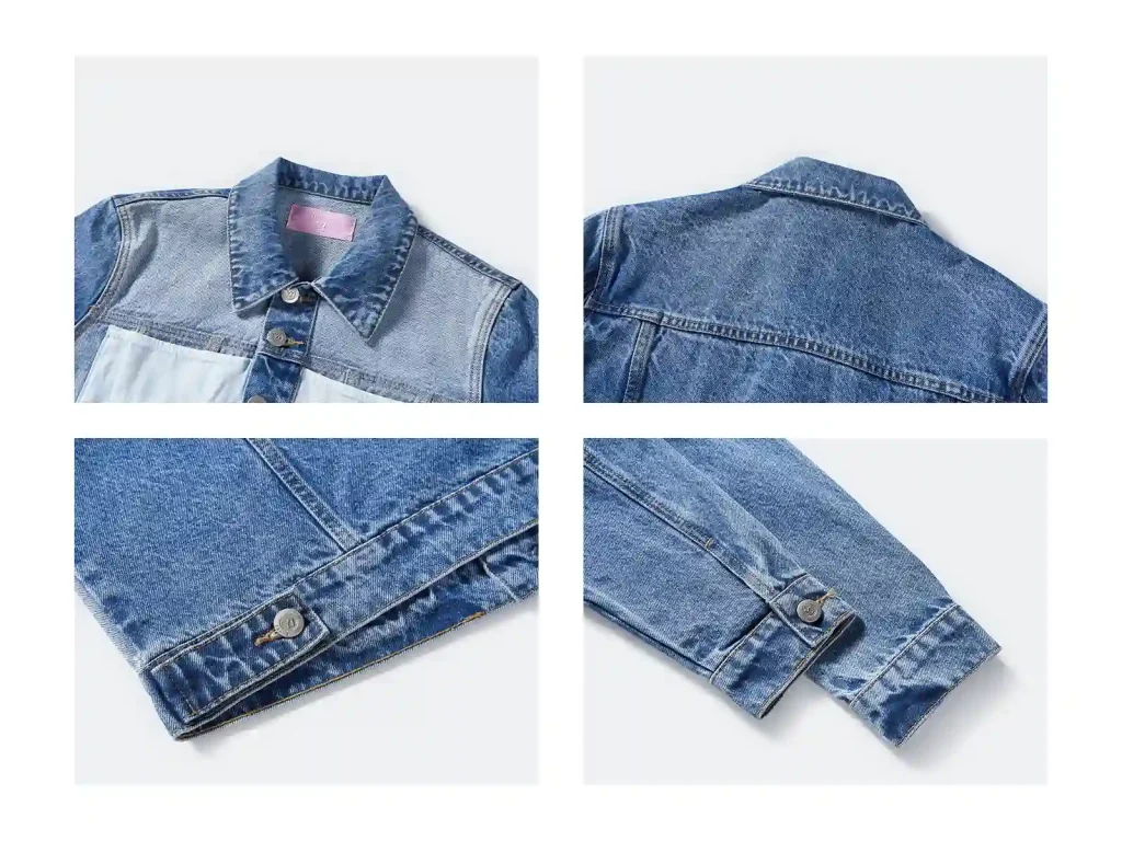 Women’s Two-Tone Patchwork Denim Jacket and Jeans Set wash and construction detail, style 58057