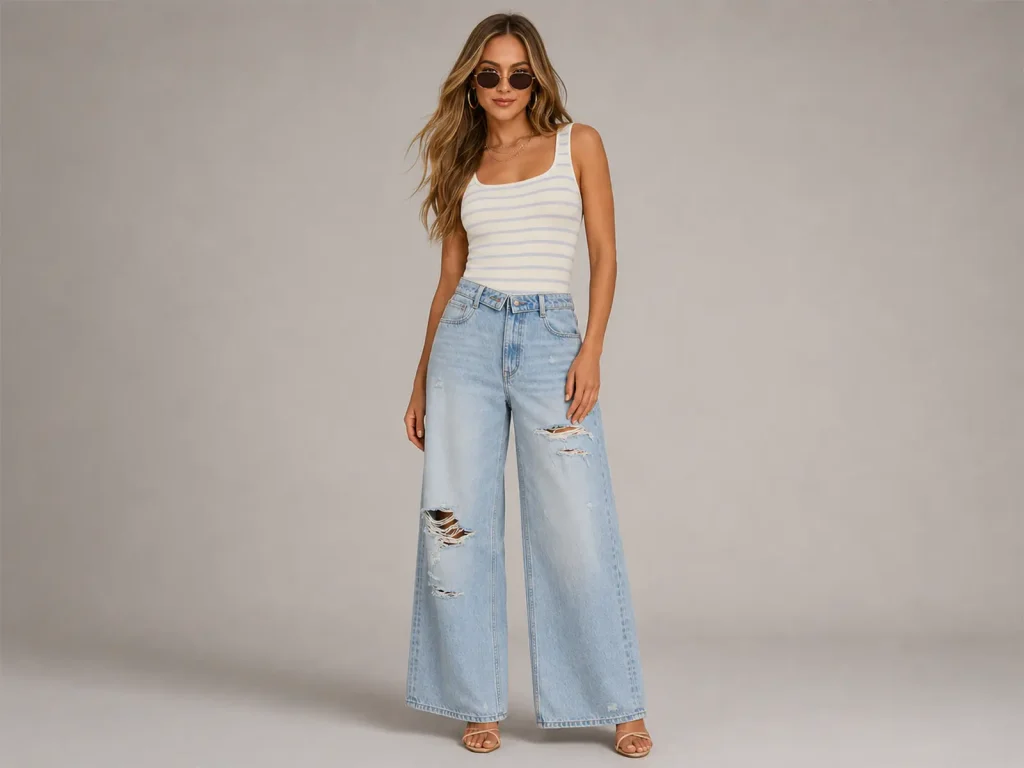 Women’s Light-Wash Ripped Wide-Leg Jeans fit and fabric detail, style 58063-36