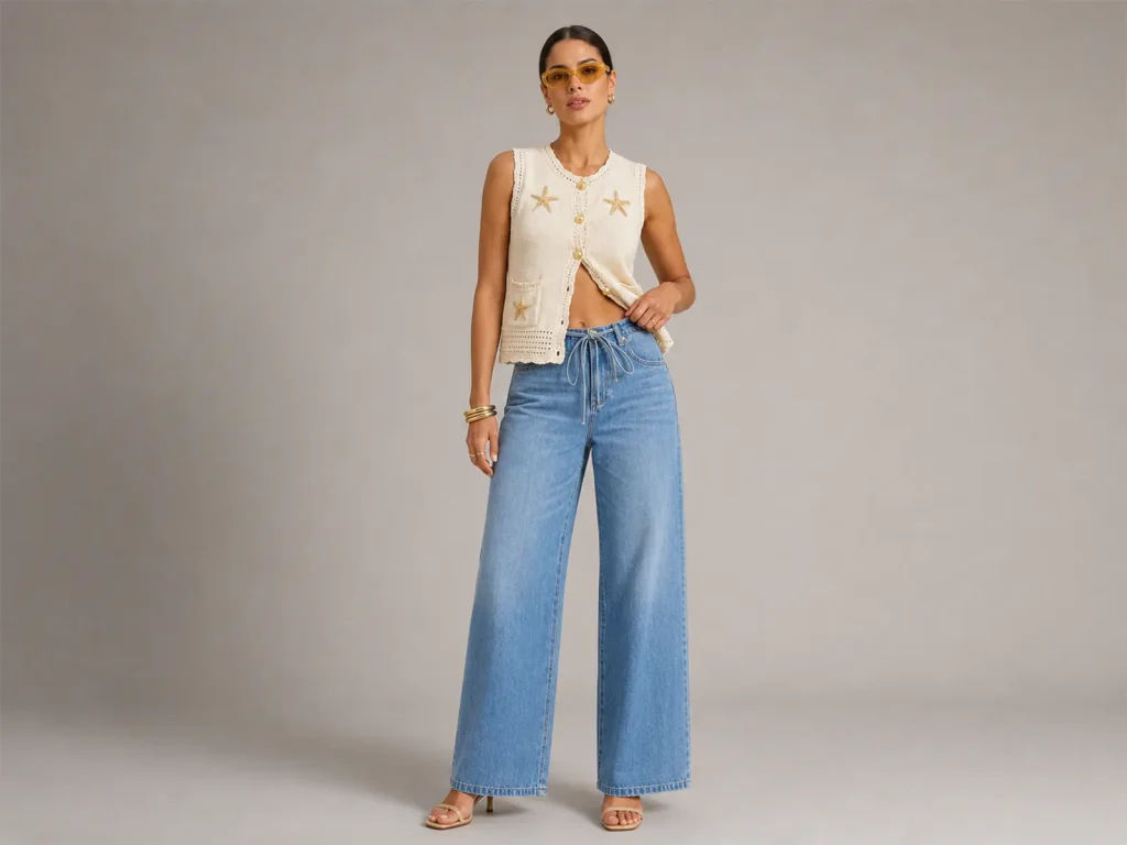 Women’s Light-Wash Drawstring Wide-Leg Jeans fit and fabric detail, style 58066