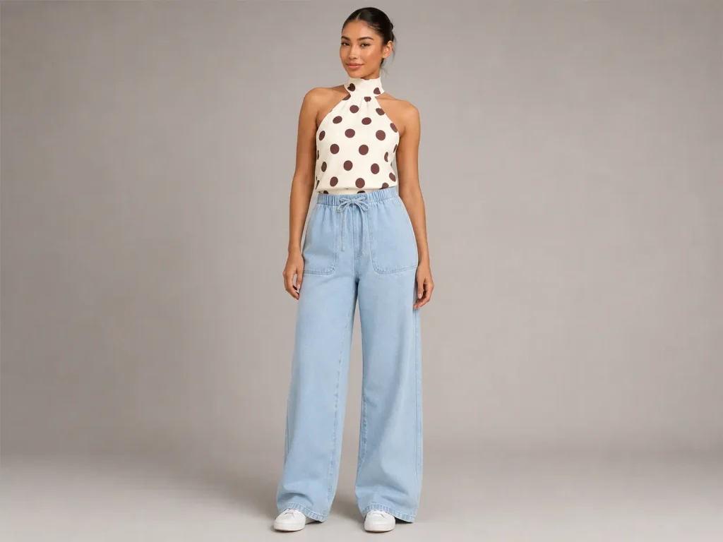 Women’s Very-Light-Wash Pull-On Wide-Leg Jeans fit and fabric detail, style 58067