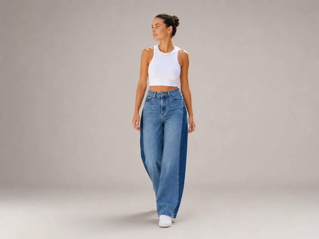 Women’s Two-Tone Side-Panel Straight-Leg Jeans fit and fabric detail, style 58073