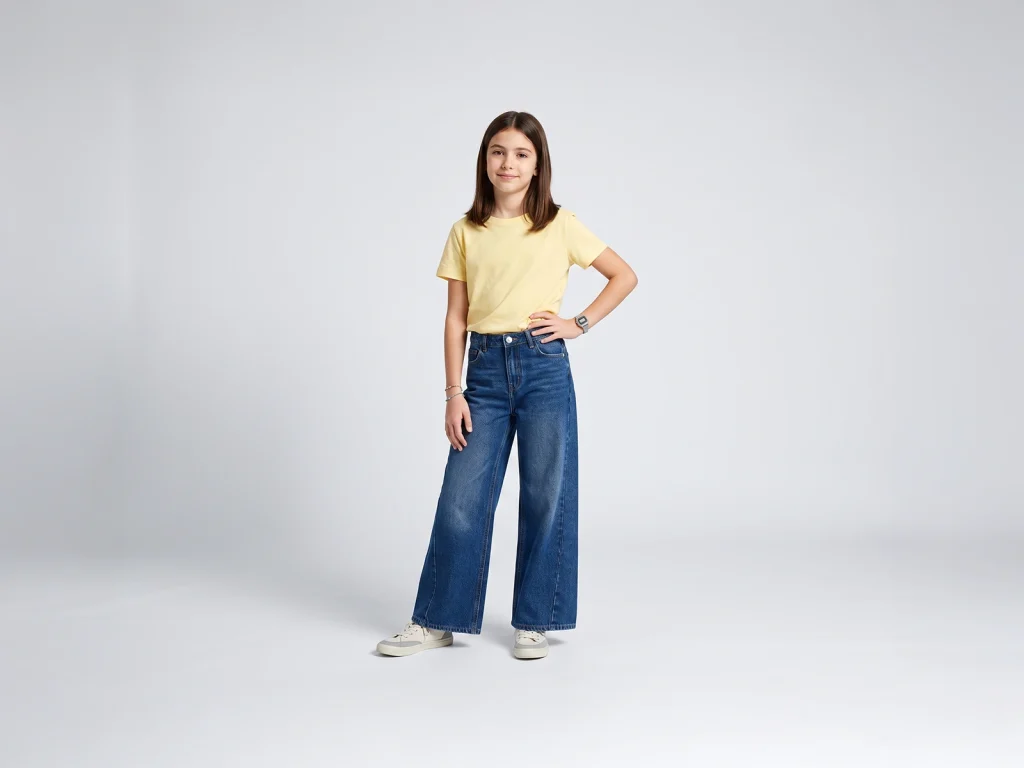 Kids’ Mid-Wash Wide-Leg Jeans — fit and fabric detail, style 7E012