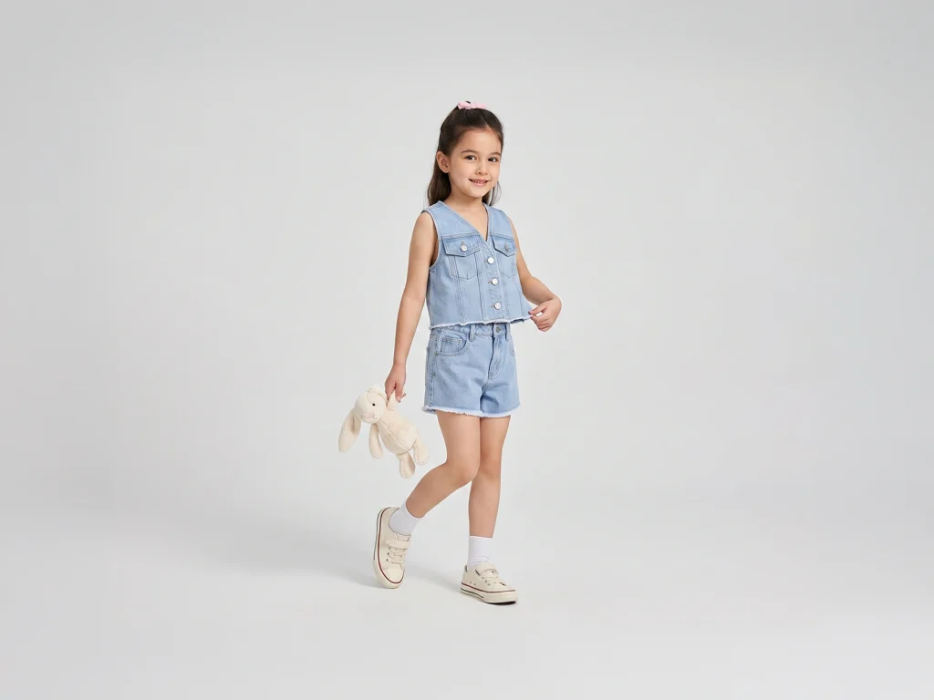 Kids’ Light-Wash Denim Vest and Shorts Set — fit and fabric detail, style 7E739