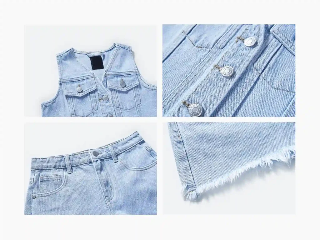 Kids’ Light-Wash Denim Vest and Shorts Set — wash and construction detail, style 7E739