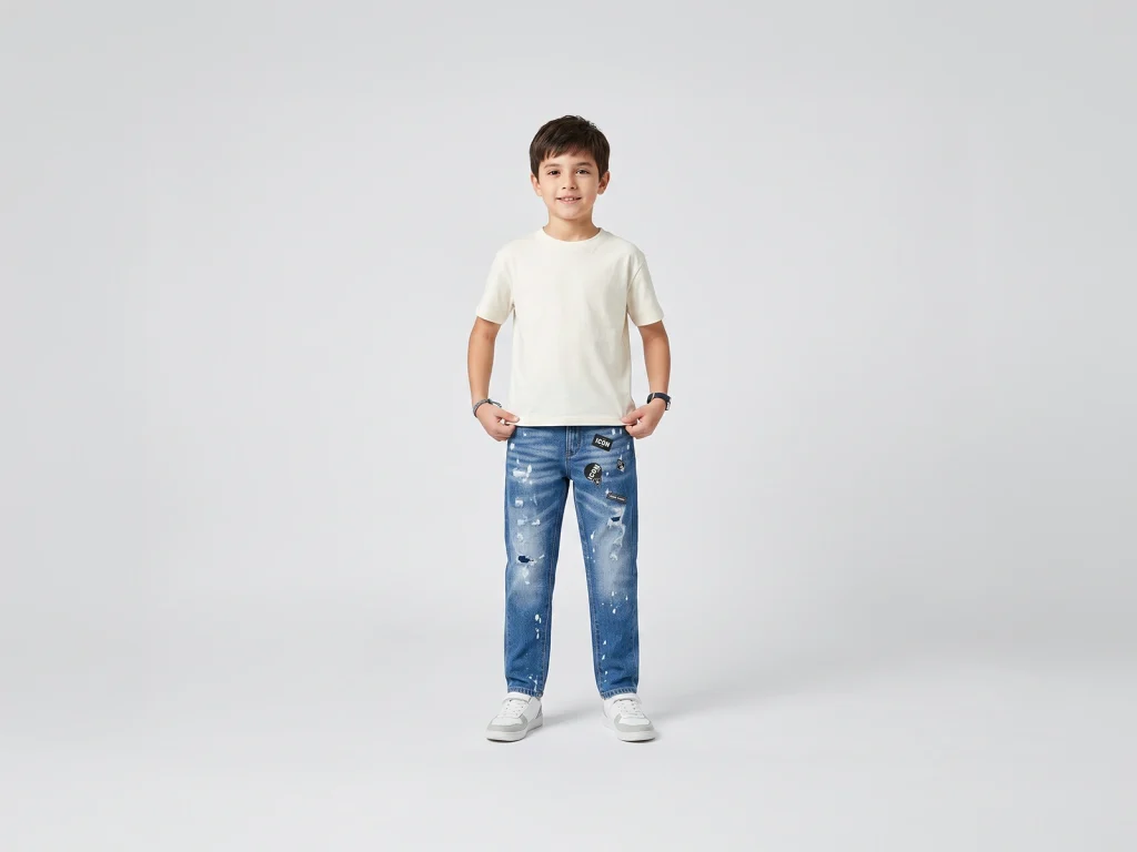 Kids’ Blue Paint-Splatter Distressed Slim Jeans — fit and fabric detail, style S26IPKJ101-Blue