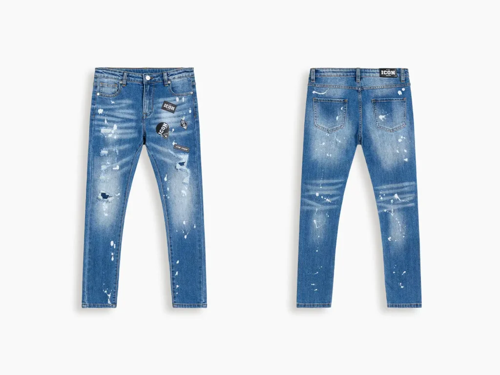 Kids’ Blue Paint-Splatter Distressed Slim Jeans — product overview, style S26IPKJ101-Blue