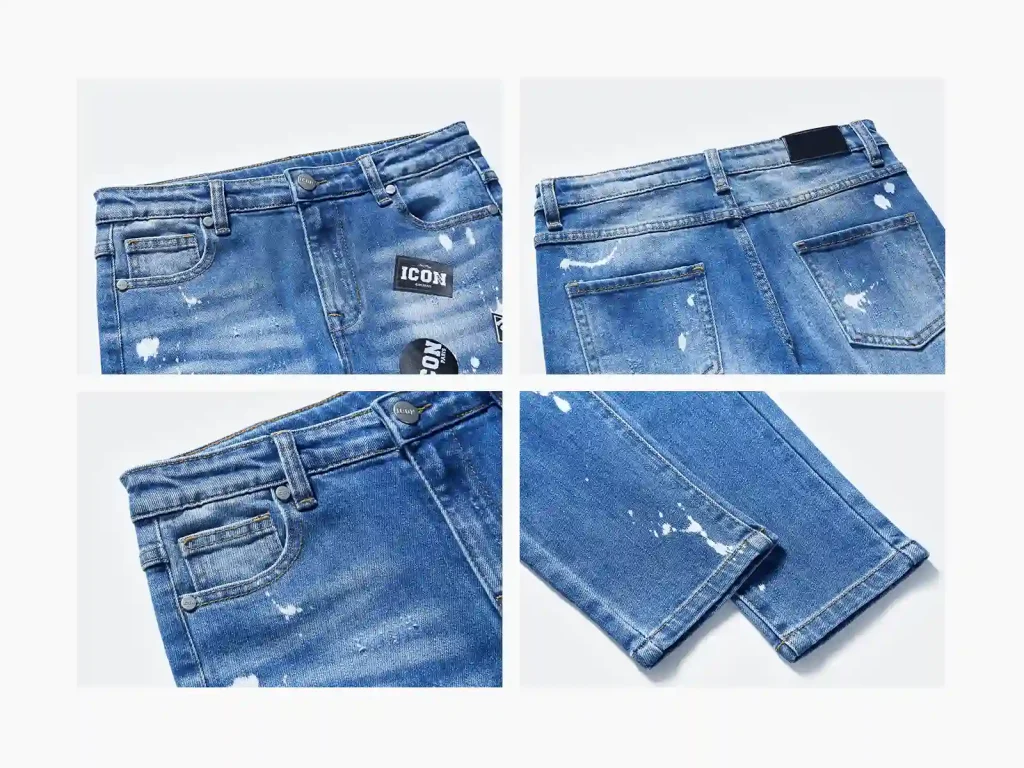 Kids’ Blue Paint-Splatter Distressed Slim Jeans — wash and construction detail, style S26IPKJ101-Blue