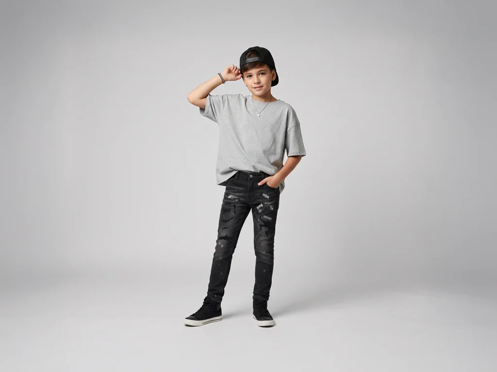 Kids’ Black Paint-Splatter Graphic Slim Jeans — fit and fabric detail, style S26IPKJ101