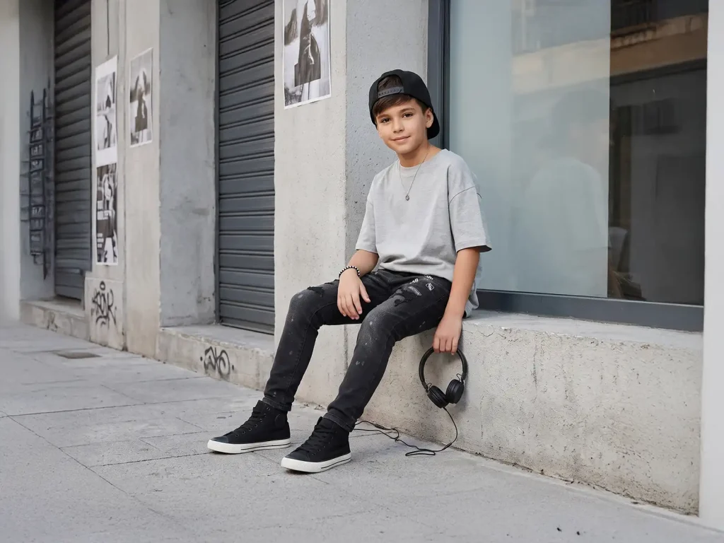 Kids’ Black Paint-Splatter Graphic Slim Jeans — target market detail, style S26IPKJ101