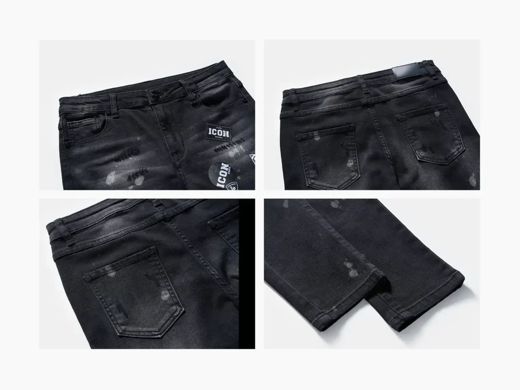 Kids’ Black Paint-Splatter Graphic Slim Jeans — wash and construction detail, style S26IPKJ101