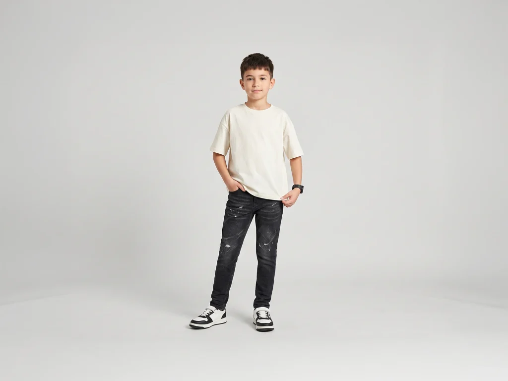Kids’ Black Whisker-Wash Distressed Slim Jeans — fit and fabric detail, style S26WJKJ105