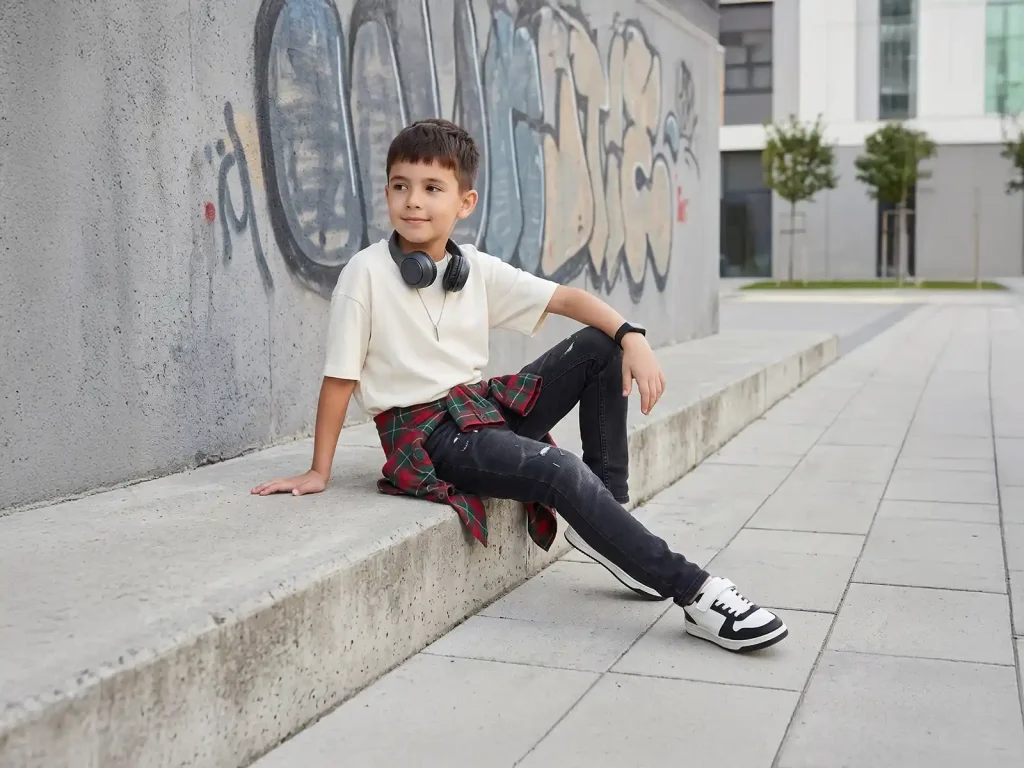 Kids’ Black Whisker-Wash Distressed Slim Jeans — target market detail, style S26WJKJ105