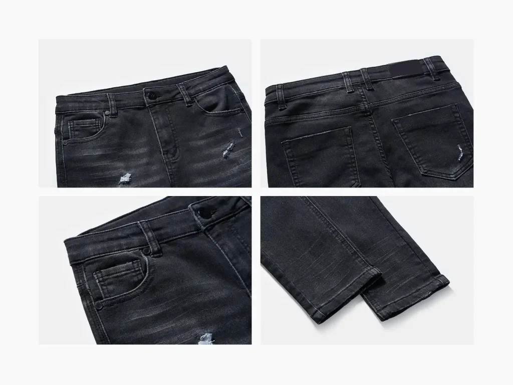 Kids’ Black Whisker-Wash Distressed Slim Jeans — wash and construction detail, style S26WJKJ105