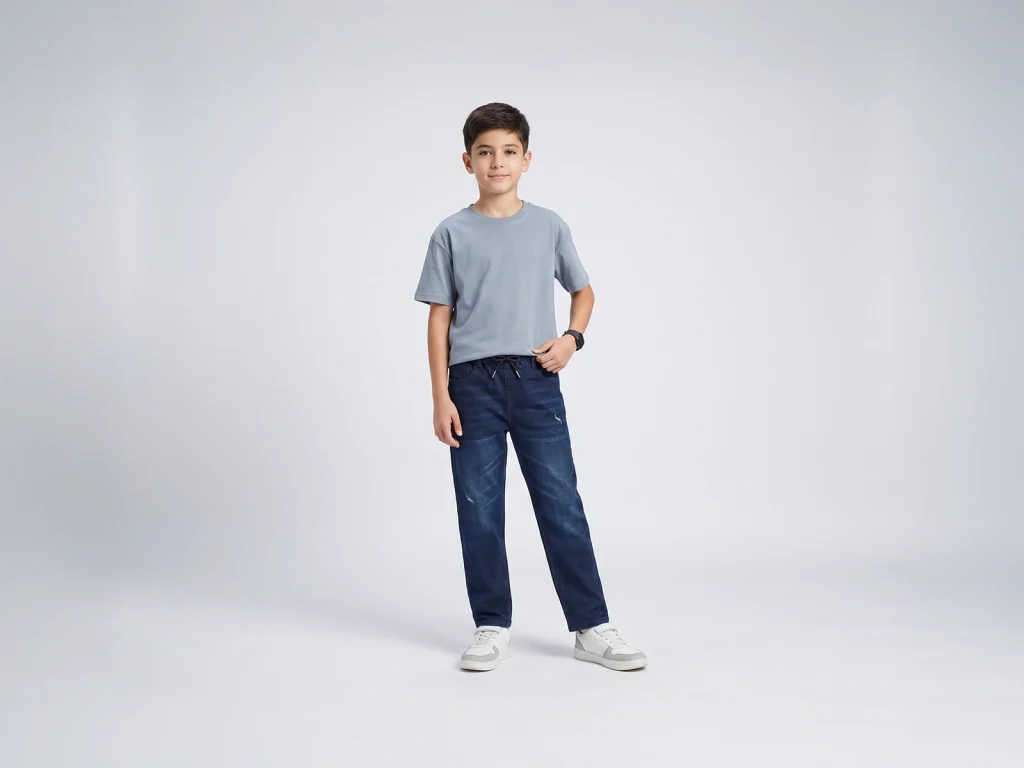 Kids’ Dark-Wash Drawstring Tapered Jeans — fit and fabric detail, style S26WKJ100