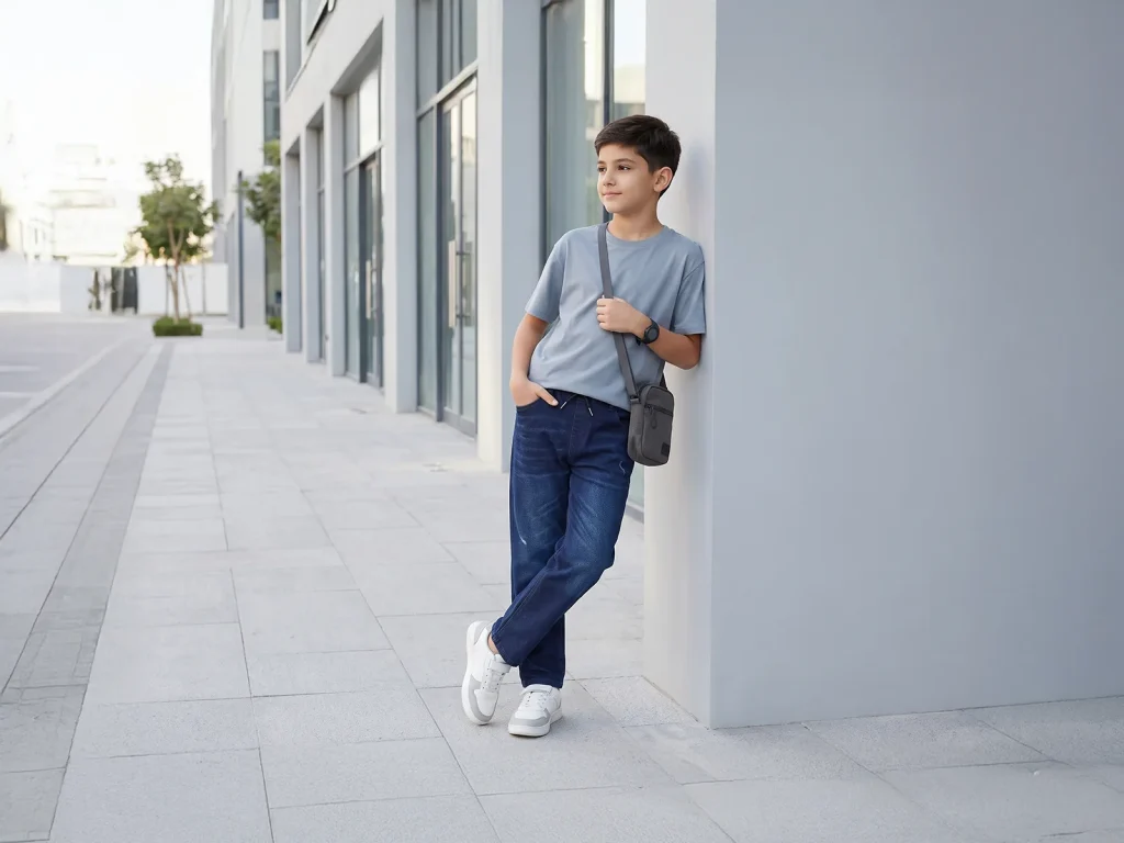 Kids’ Dark-Wash Drawstring Tapered Jeans — target market detail, style S26WKJ100