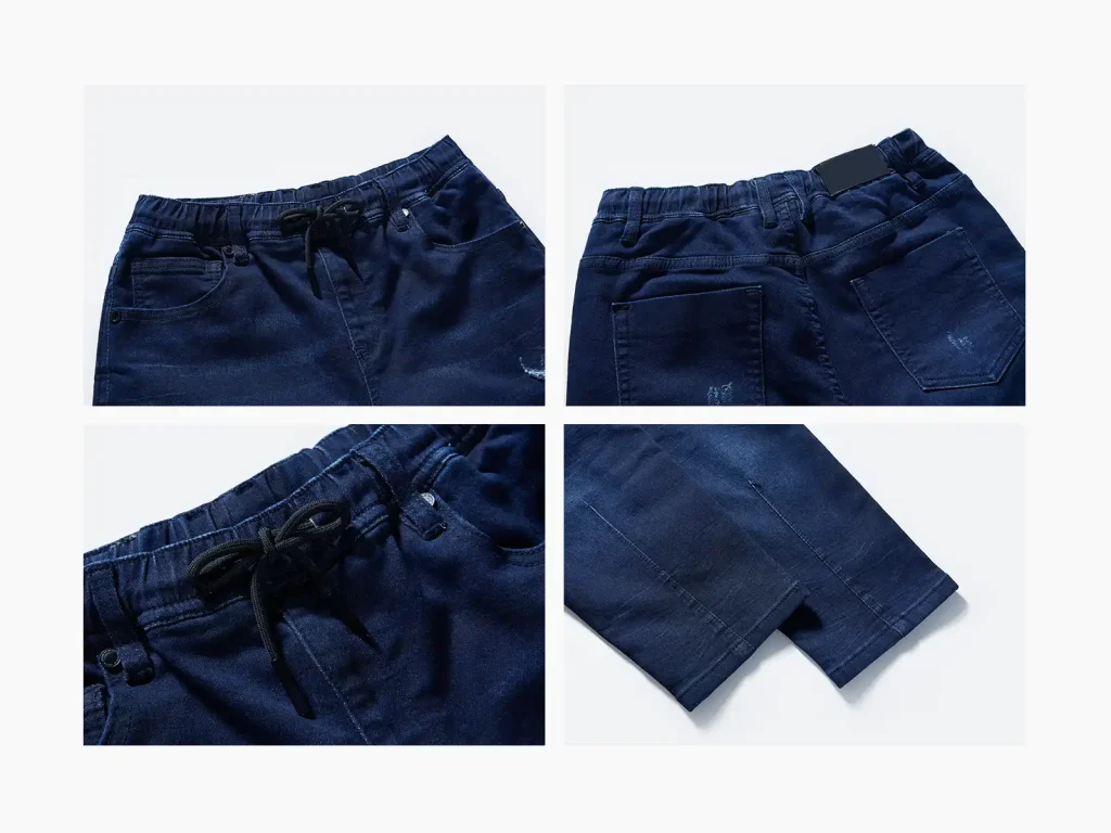 Kids’ Dark-Wash Drawstring Tapered Jeans — wash and construction detail, style S26WKJ100
