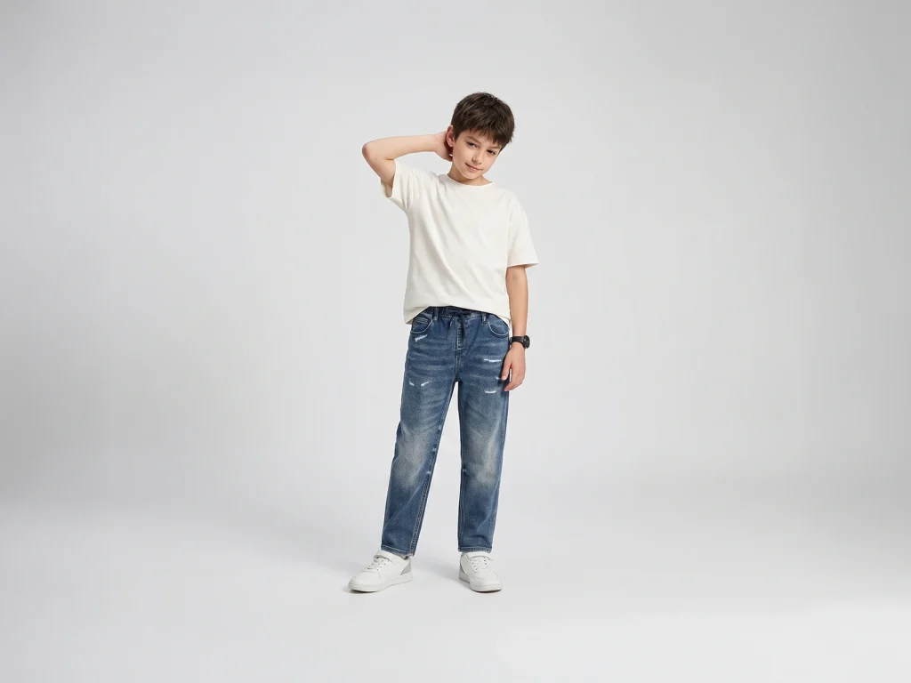 Kids’ Mid-Wash Distressed Drawstring Jeans — fit and fabric detail, style S26WKJ101-BLUE