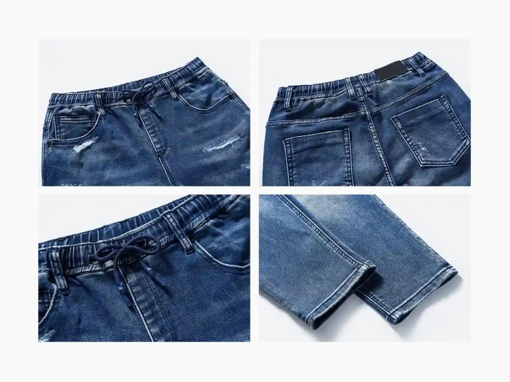 Kids’ Mid-Wash Distressed Drawstring Jeans — wash and construction detail, style S26WKJ101-BLUE