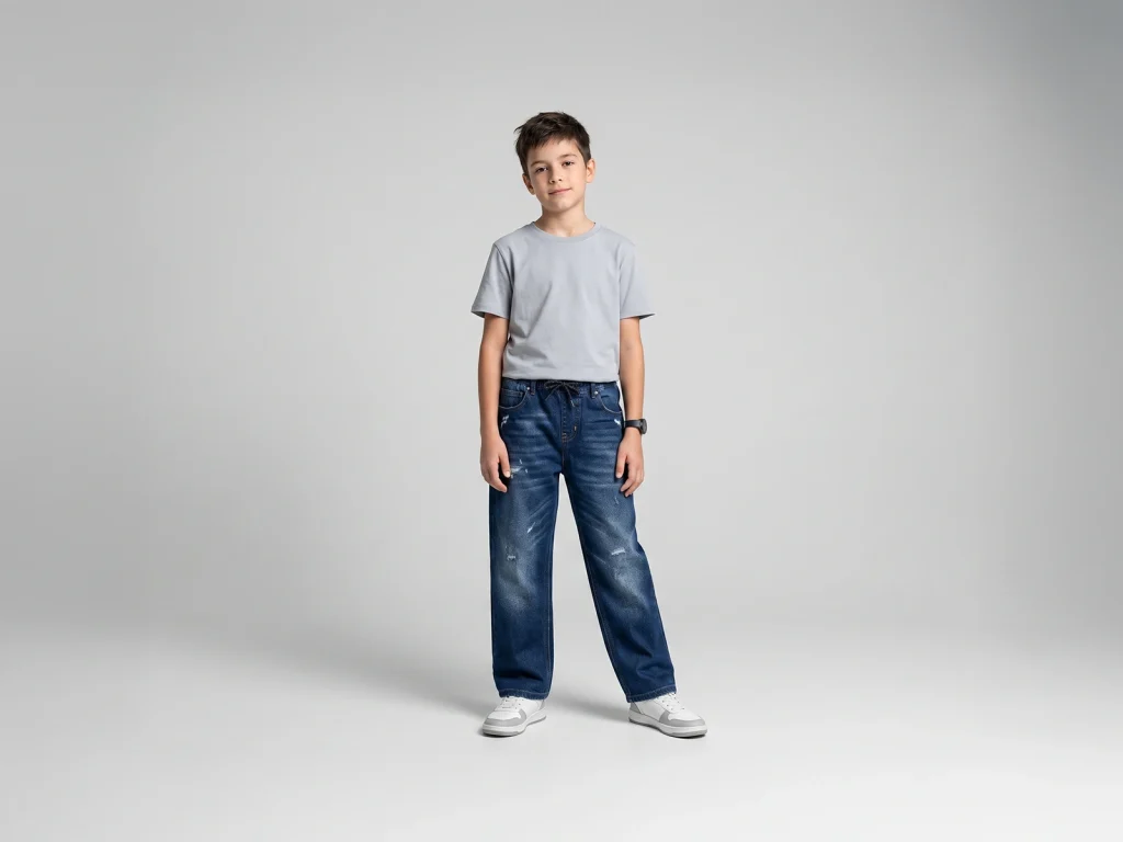 Kids’ Dark-Wash Ripped Drawstring Jeans — fit and fabric detail, style S26WKJ102