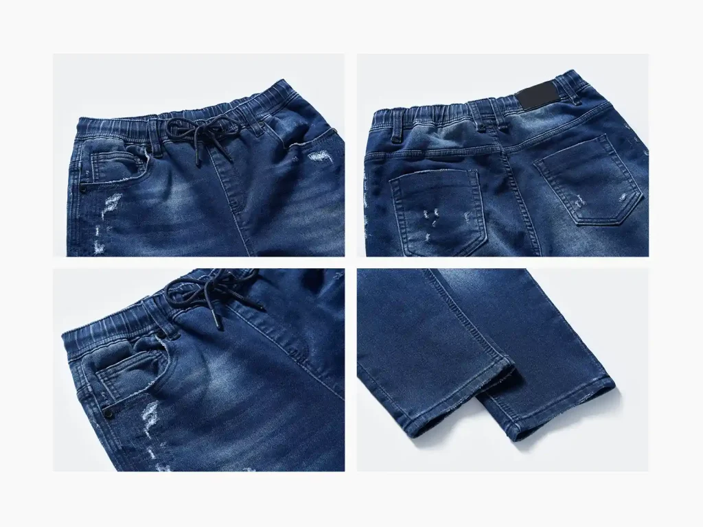 Kids’ Dark-Wash Ripped Drawstring Jeans — wash and construction detail, style S26WKJ102