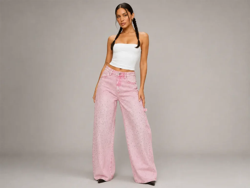 Women’s Pink Rhinestone Cargo Barrel Jeans fit and fabric detail, style FX5249