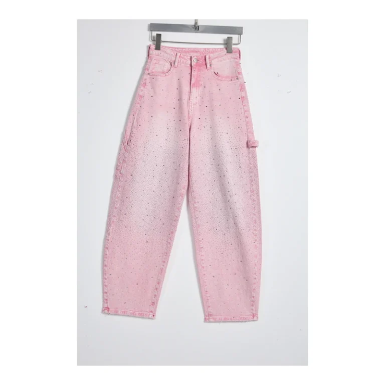 Women’s Pink Rhinestone Cargo Barrel Jeans product view 1, style FX5249