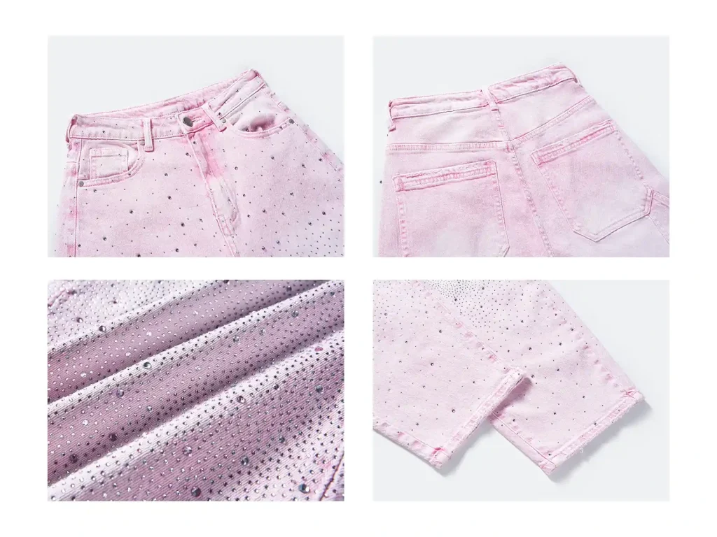 Women’s Pink Rhinestone Cargo Barrel Jeans wash and construction detail, style FX5249