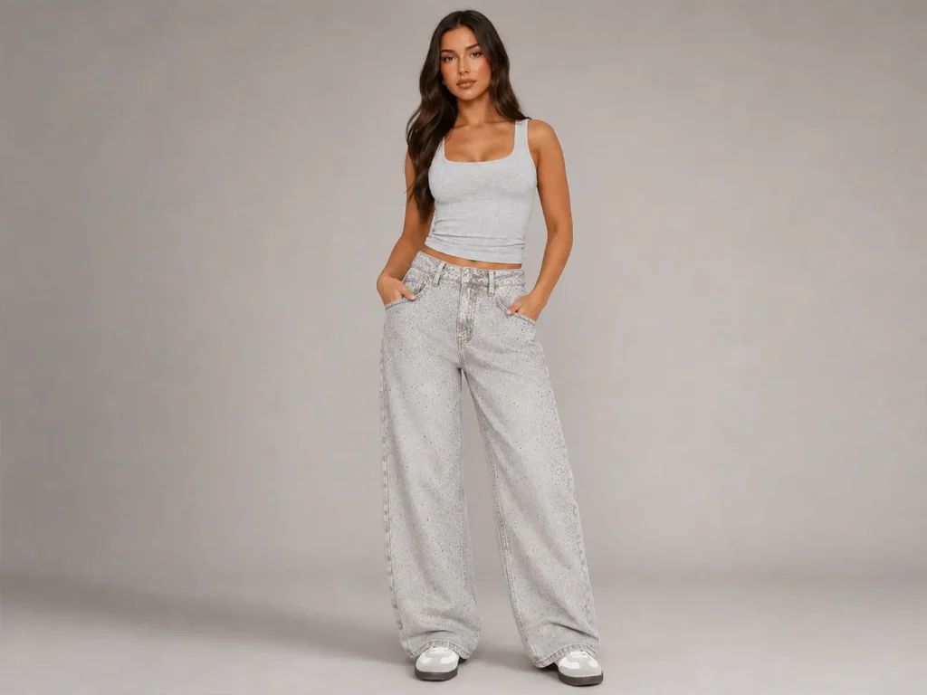 Women’s Grey-Wash Rhinestone Barrel Jeans fit and fabric detail, style FX5279