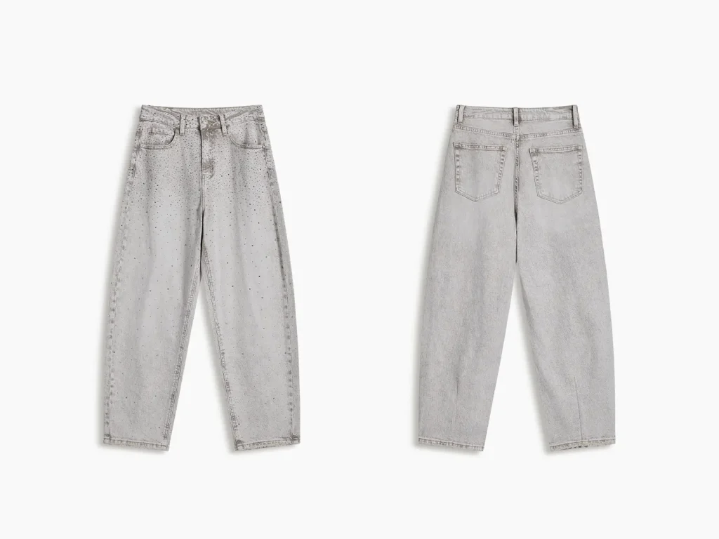 Women’s Grey-Wash Rhinestone Barrel Jeans product overview, style FX5279