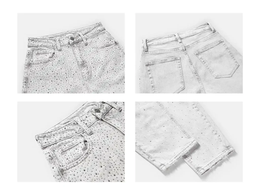 Women’s Grey-Wash Rhinestone Barrel Jeans wash and construction detail, style FX5279