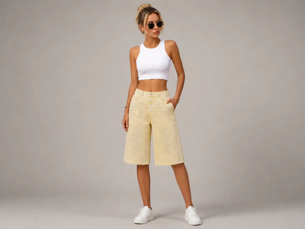 Women’s Pale-Yellow Rhinestone Cropped Wide-Leg Jeans fit and fabric detail, style FX5339-4