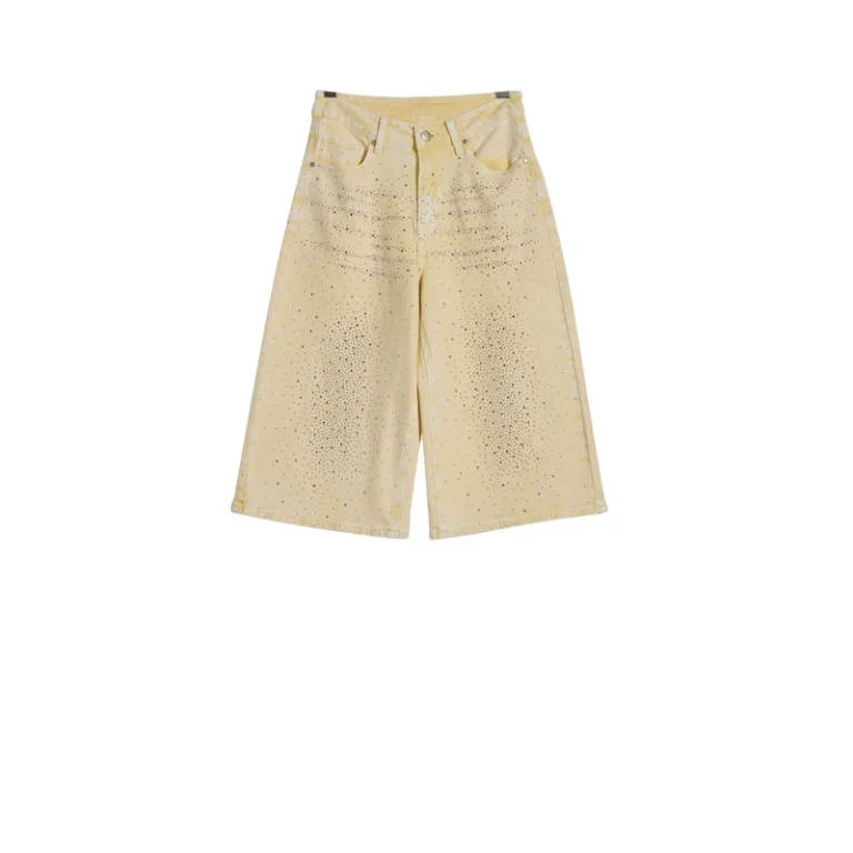 Women’s Pale-Yellow Rhinestone Cropped Wide-Leg Jeans product view 1, style FX5339-4