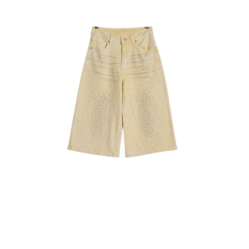 Women’s Pale-Yellow Rhinestone Cropped Wide-Leg Jeans product view 1, style FX5339-4