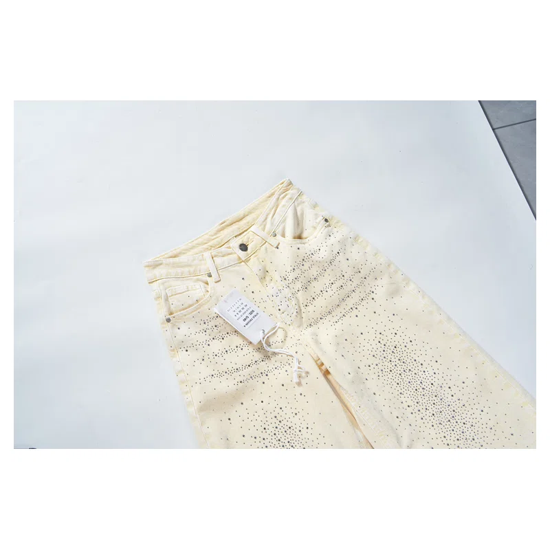 Women’s Pale-Yellow Rhinestone Cropped Wide-Leg Jeans product view 3, style FX5339-4
