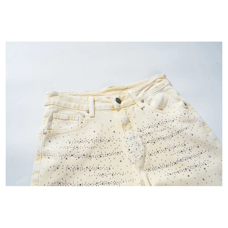 Women’s Pale-Yellow Rhinestone Cropped Wide-Leg Jeans product view 4, style FX5339-4