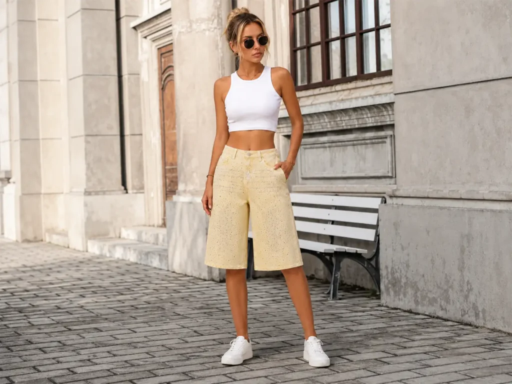 Women’s Pale-Yellow Rhinestone Cropped Wide-Leg Jeans target market detail, style FX5339-4