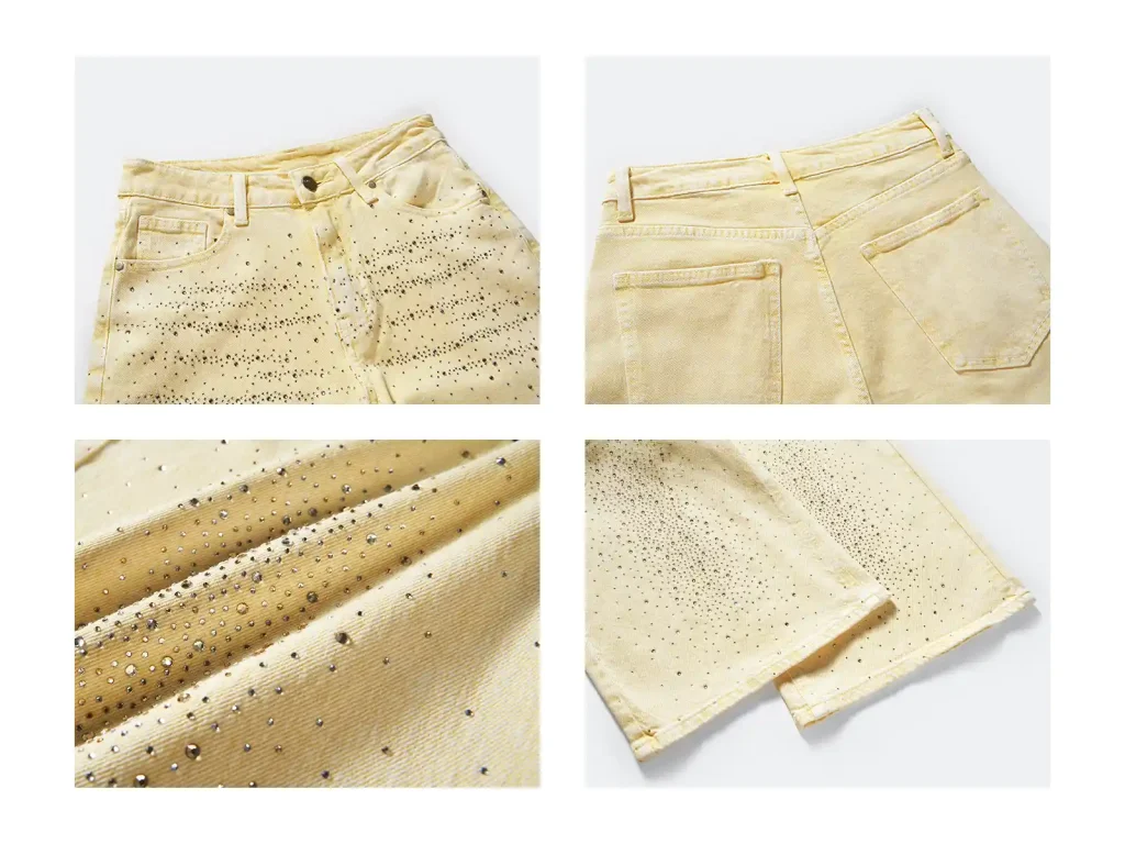 Women’s Pale-Yellow Rhinestone Cropped Wide-Leg Jeans wash and construction detail, style FX5339-4
