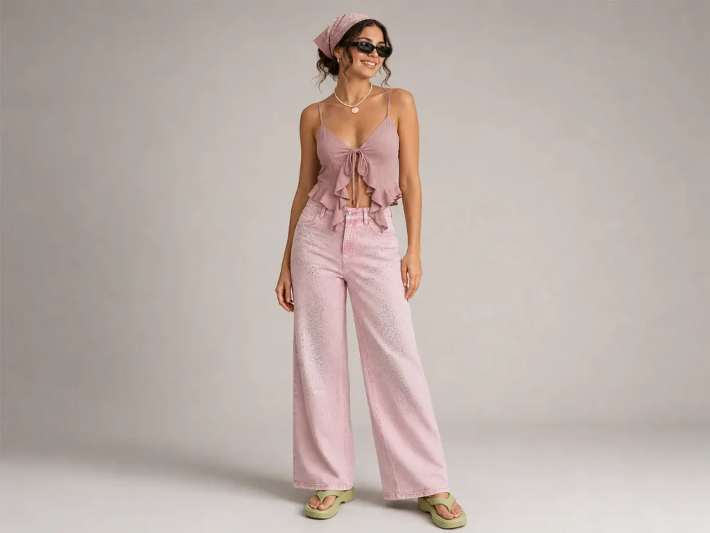 Women’s Baby-Pink Rhinestone Cropped Wide-Leg Jeans fit and fabric detail, style H5250