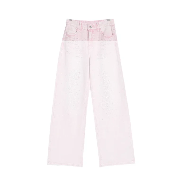 Women’s Baby-Pink Rhinestone Cropped Wide-Leg Jeans product view 1, style H5250