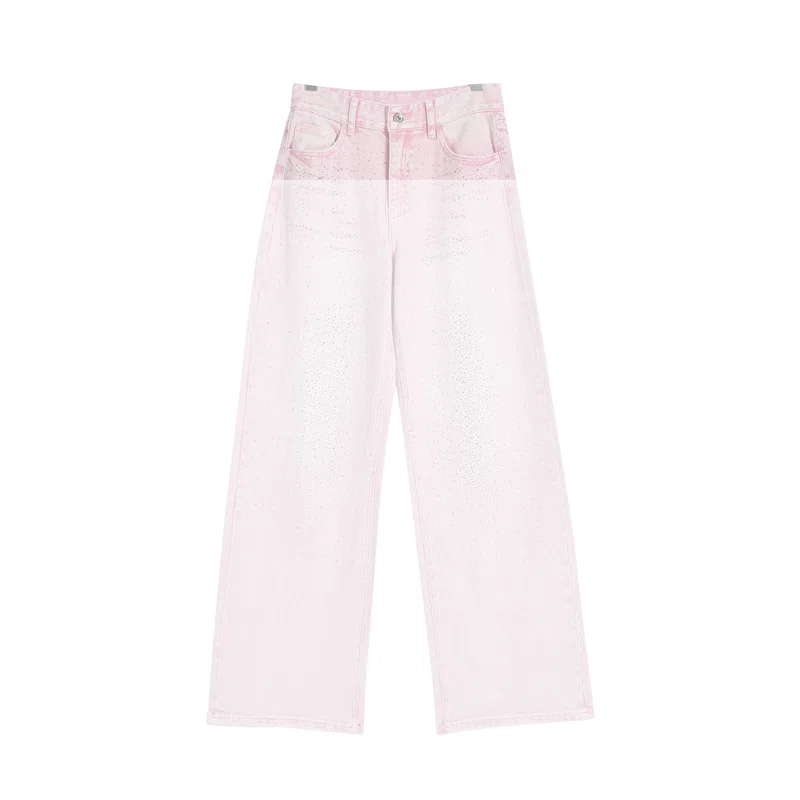 Women’s Baby-Pink Rhinestone Cropped Wide-Leg Jeans product view 1, style H5250