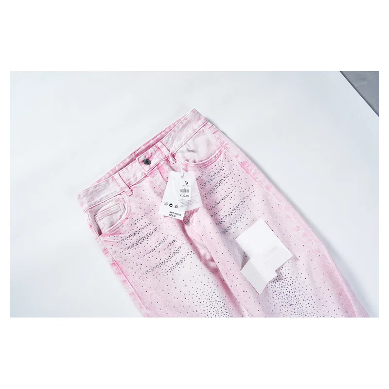 Women’s Baby-Pink Rhinestone Cropped Wide-Leg Jeans product view 3, style H5250