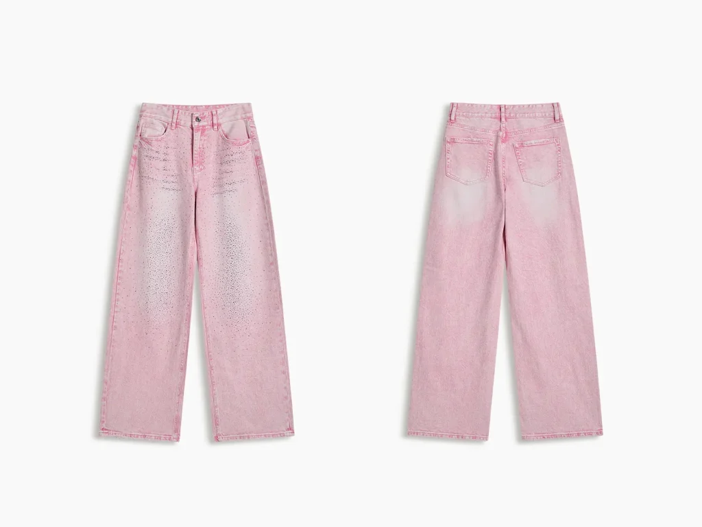 Women’s Baby-Pink Rhinestone Cropped Wide-Leg Jeans product overview, style H5250