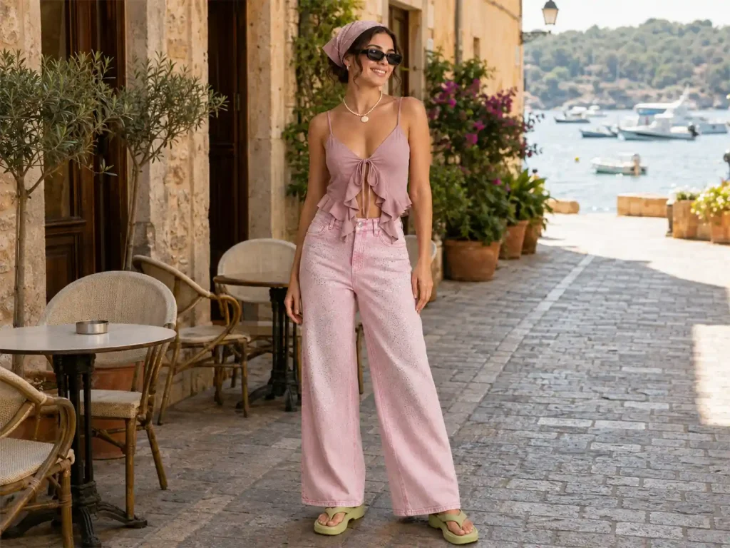 Women’s Baby-Pink Rhinestone Cropped Wide-Leg Jeans target market detail, style H5250