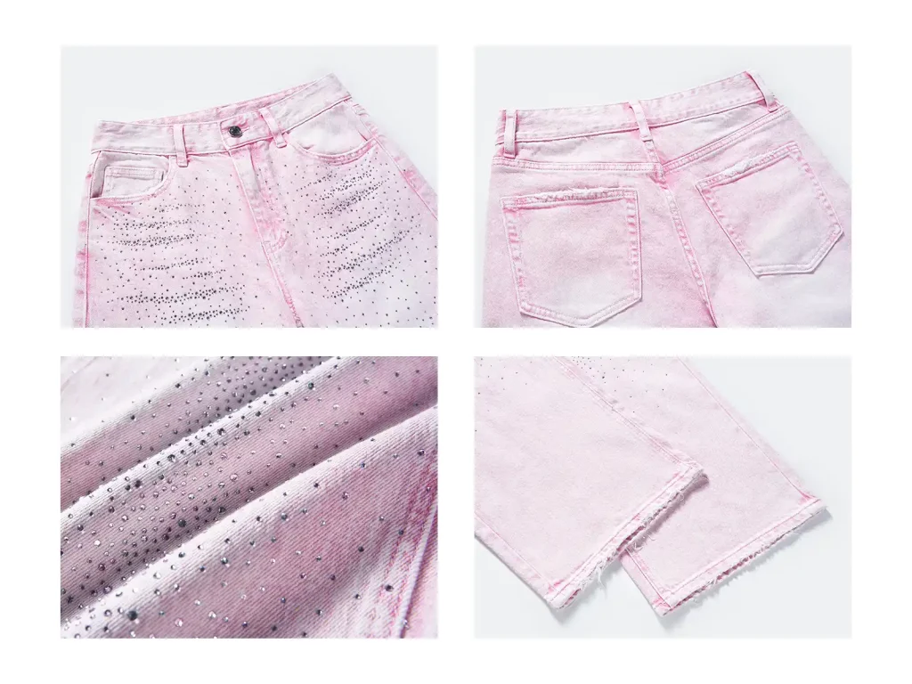 Women’s Baby-Pink Rhinestone Cropped Wide-Leg Jeans wash and construction detail, style H5250