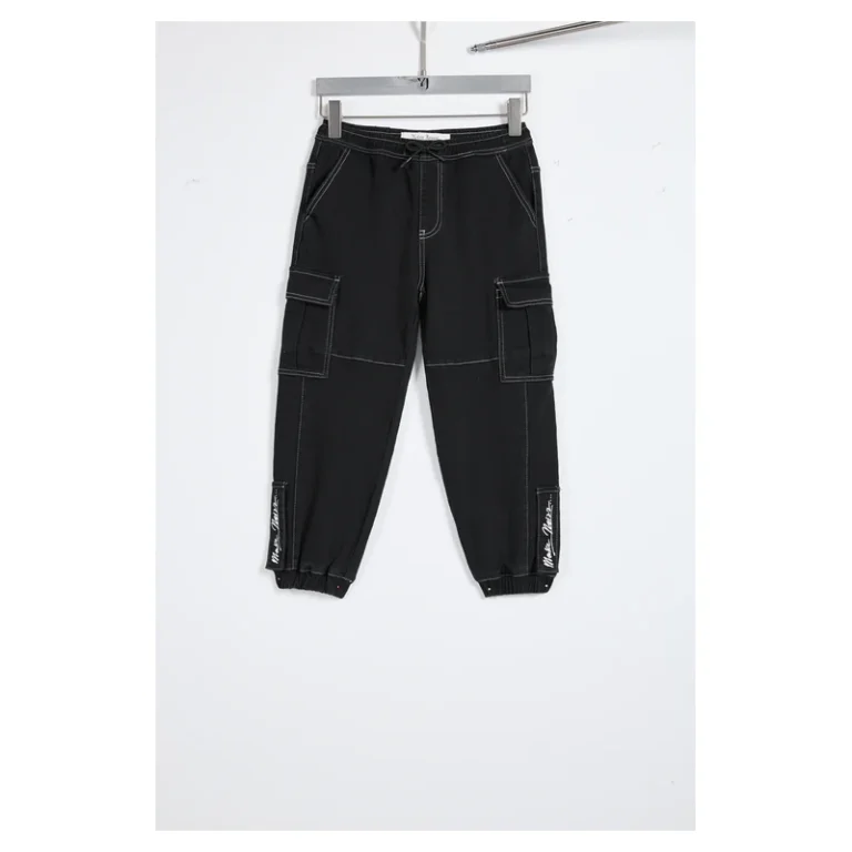 kids-black-contrast-stitch-denim-cargo-joggers-2d007-front