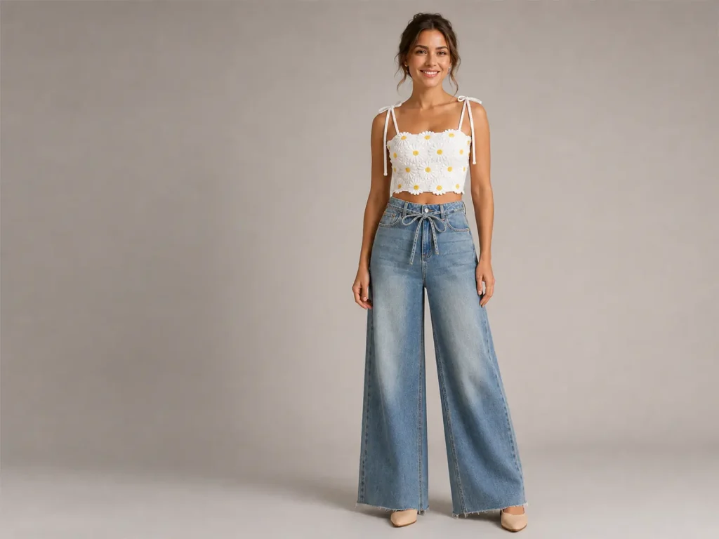 Women’s Vintage-Wash Drawstring Wide-Leg Jeans fit and fabric detail, style LC71163-01