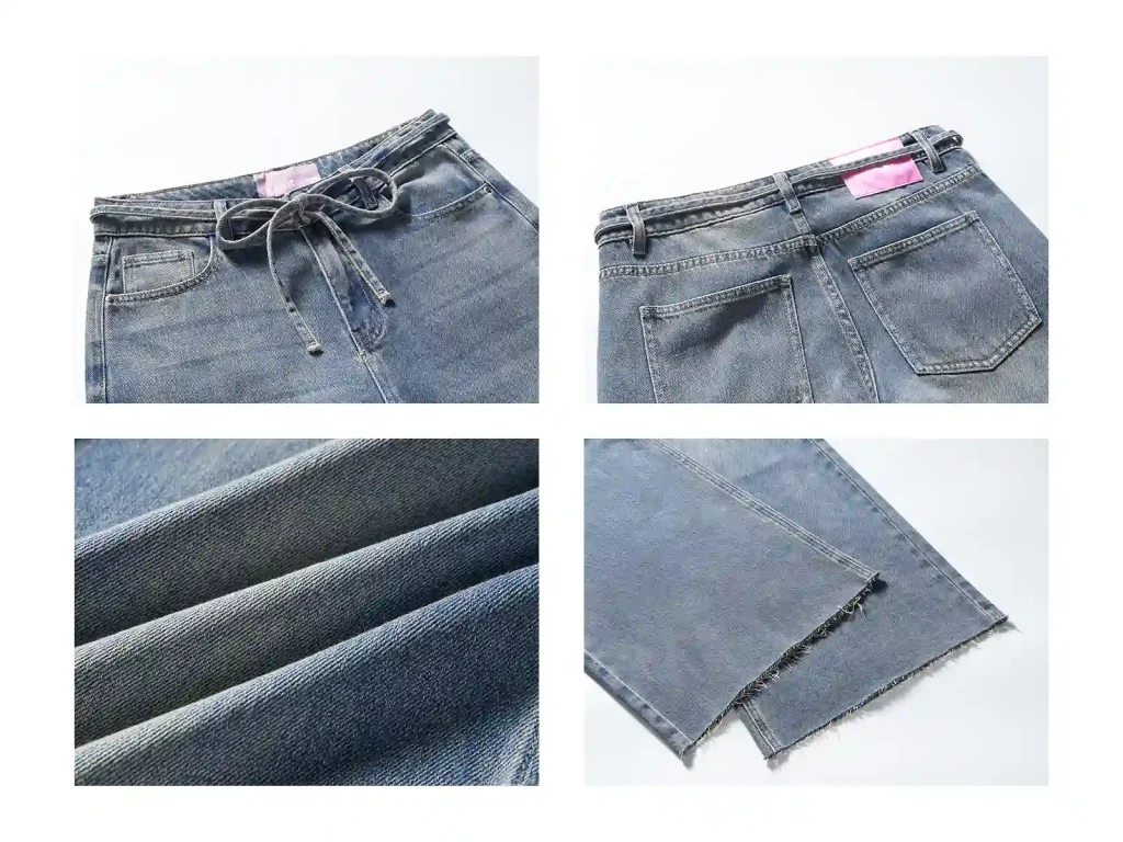 Women’s Vintage-Wash Drawstring Wide-Leg Jeans wash and construction detail, style LC71163-01