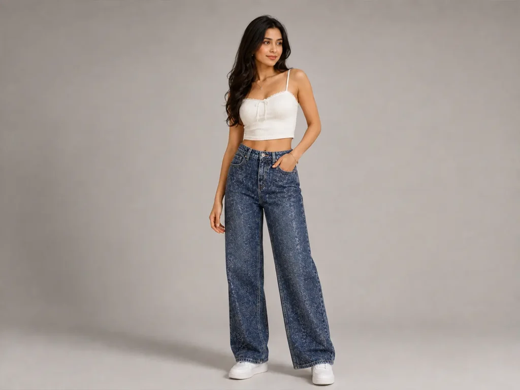 Women’s Dark-Indigo Rhinestone Wide-Leg Jeans fit and fabric detail, style Lucas001